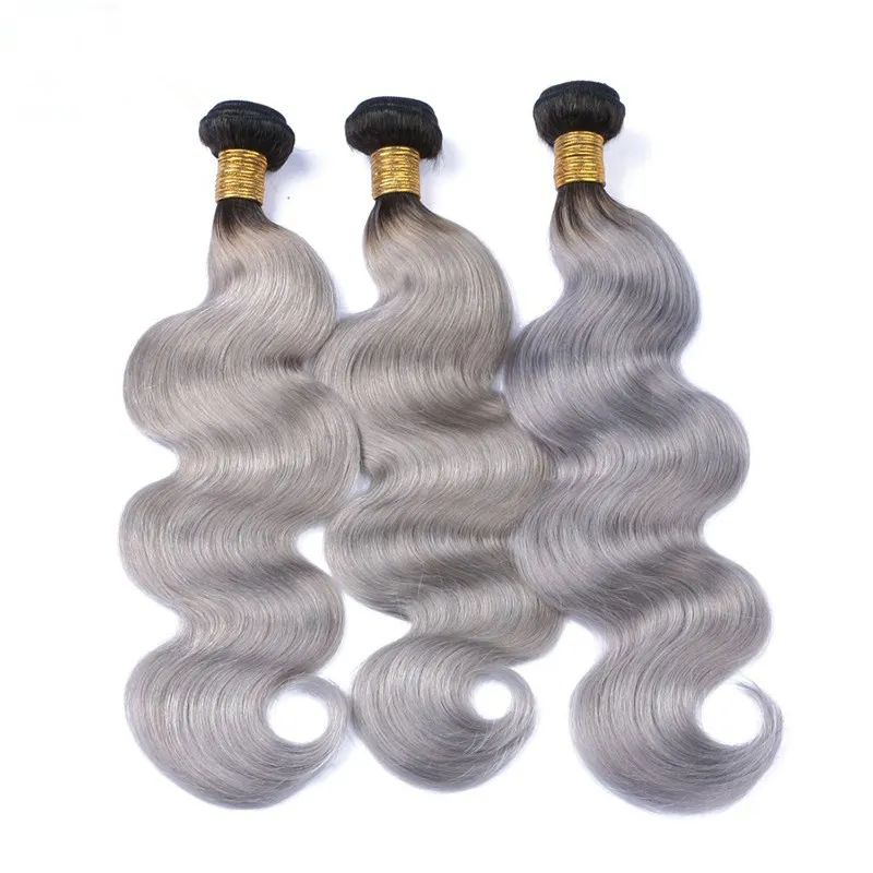 1B Grey Ombre Peruvian Human Hair Bundle Deals with Closure Dark Rooted Ombre Silver Grey 4x4 Lace Top Closure with Virgin Hair Weaves