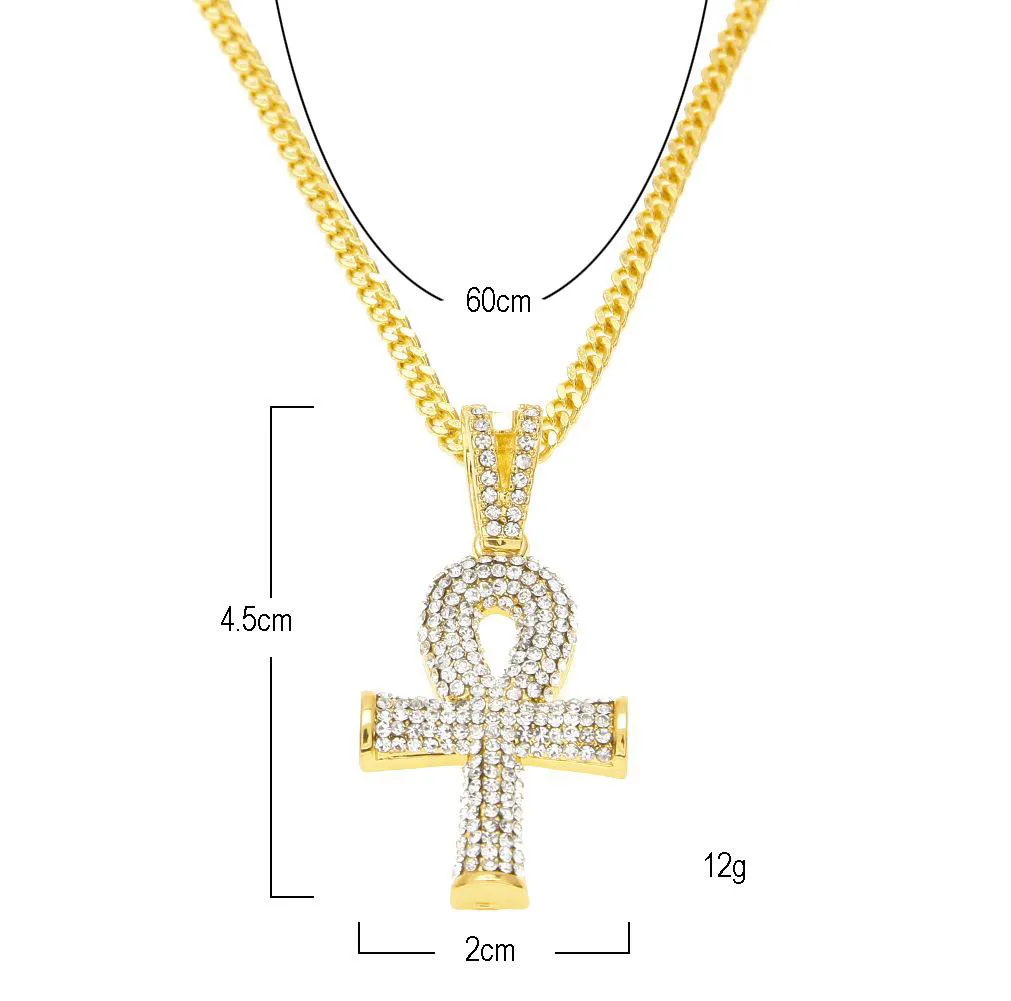 Hiphop smycken egyptisk stor ankh nyckelhänge halsband sätter mini fyrkantig rubin safir med cross charm kubansk länk för mens fash258k