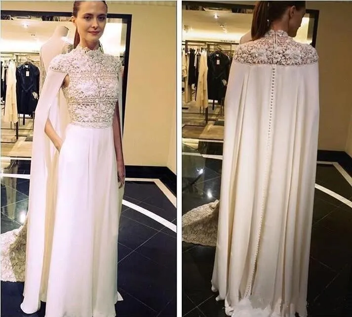 Zuhair Murad Arabic Elegant Evening Dresses With Cape High Neck Lace Prom Gowns Floor Length Plus Size Special Occasion Dress