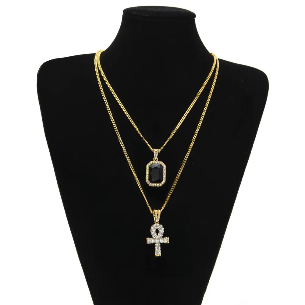 Hiphop smycken egyptisk stor ankh nyckelhänge halsband sätter mini fyrkantig rubin safir med cross charm kubansk länk för mens fash258k