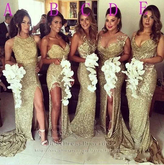 2021 Sexy Cheap Sequins Bridesmaid Dresses Gold Different Neckline Illusion Back High Split Evening Dresses Mermaid Long Maid of Honor Gowns