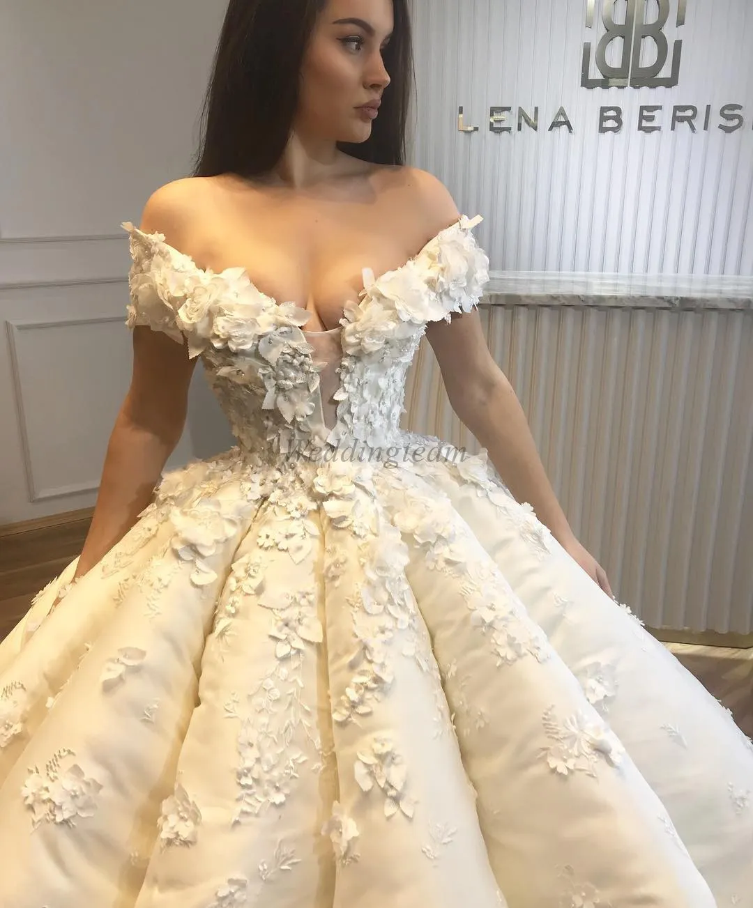 Gorgeous 3D Appliqued Lace Ball Gown Wedding Dresses Off The Shoulder Plunging Neck Bridal Gowns Beaded Plus Size Satin Vestido De Novia
