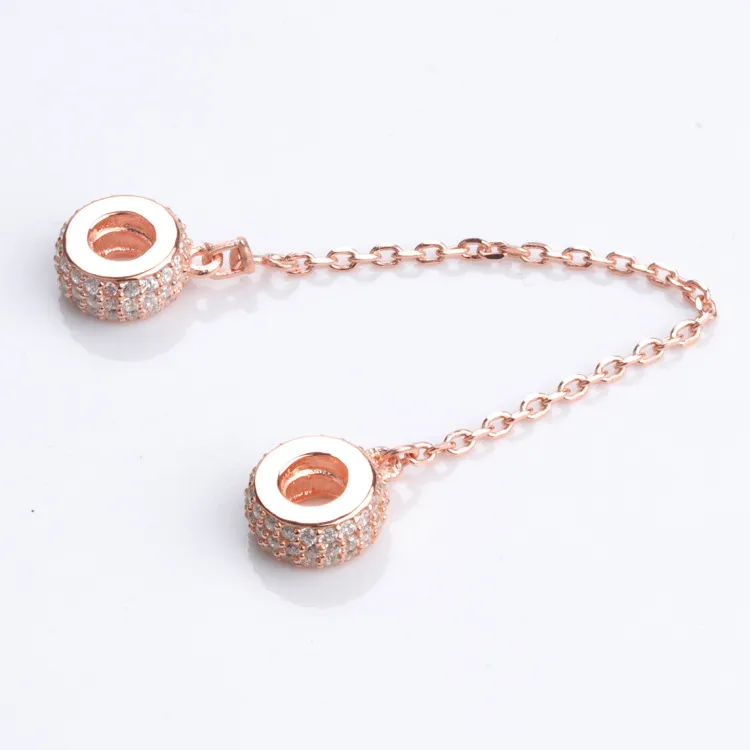 925 Sterling Silver Clear CZ Safety Chain with BOX 14K Rose Gold Plated Safe chain Charms Bracelet DIY Jewelry Making263j