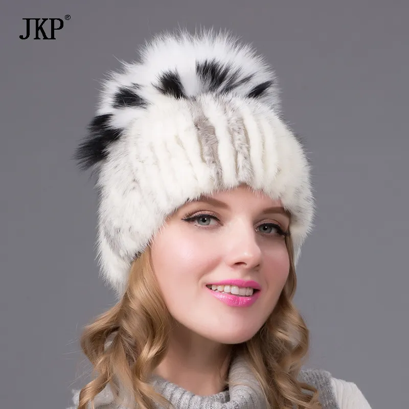 Mulheres de malha de parque de pele estilos de peles feminino com raposa pompom alinhando mulheres chapas de inverno chapéus para gorros dhy-25 d1282w