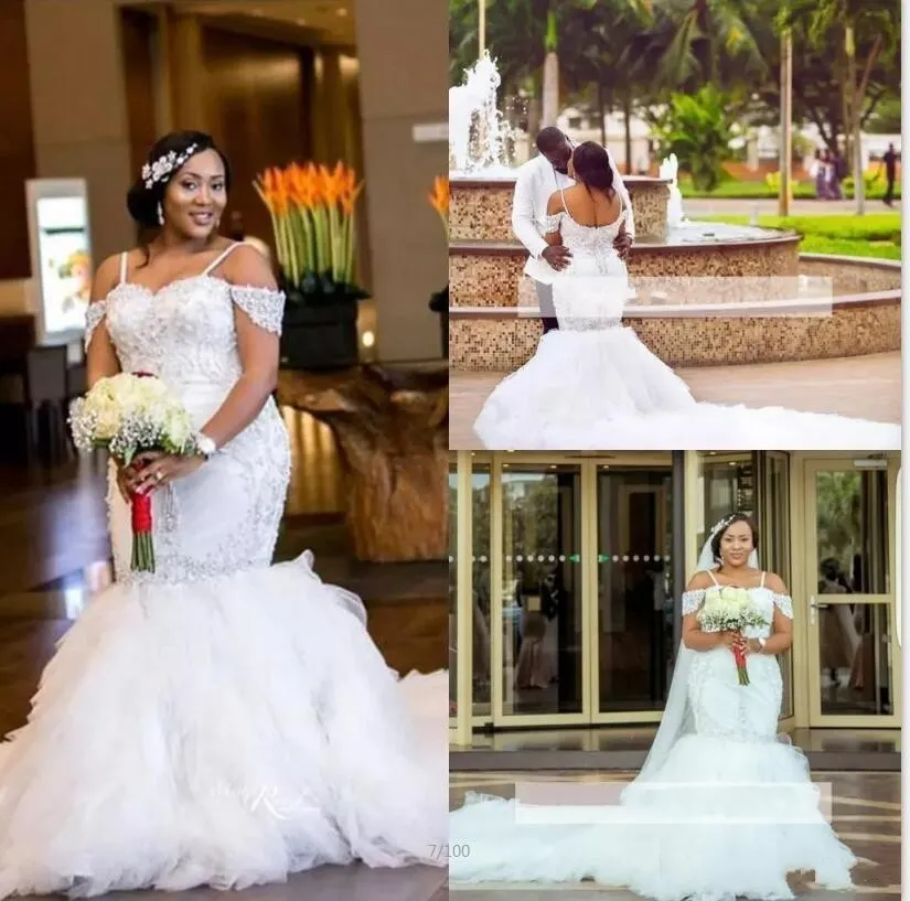 Nigerian African Luxury Plus Size Mermaid Wedding Dresses Spaghetti Ruched Appliques Bodice Beads Wedding Bridal Gowns Vestios De Novia