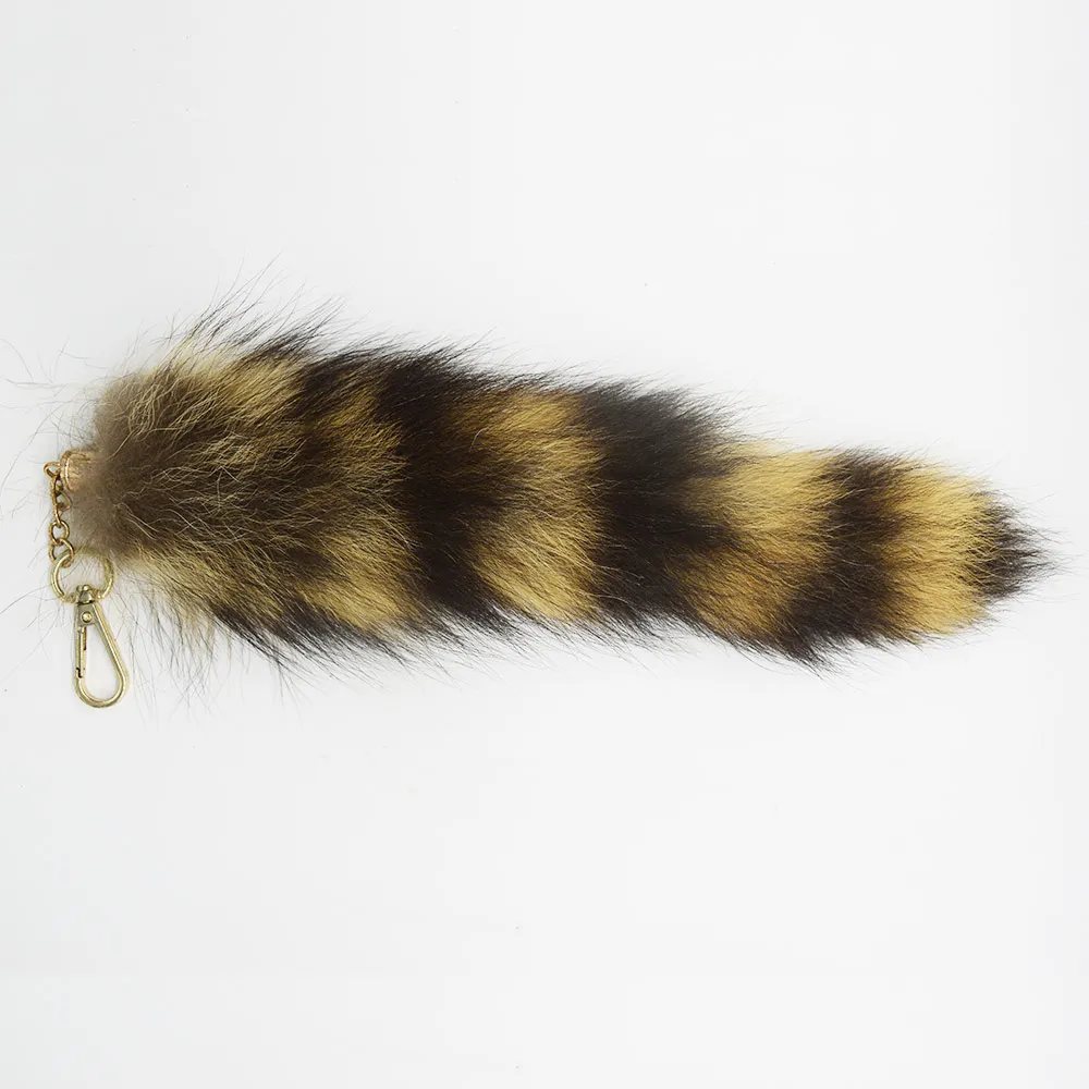 Natural Raccoon Fur Tail Keychain America Raccoon Fur Tail Natural Color Fullly Pompom Keychain Bag Charm Fox Fur Tail charm291O