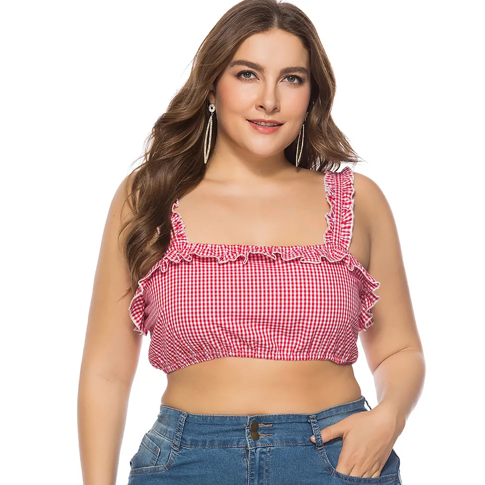 lus Size Chiffion Red And White Striped Plaid T