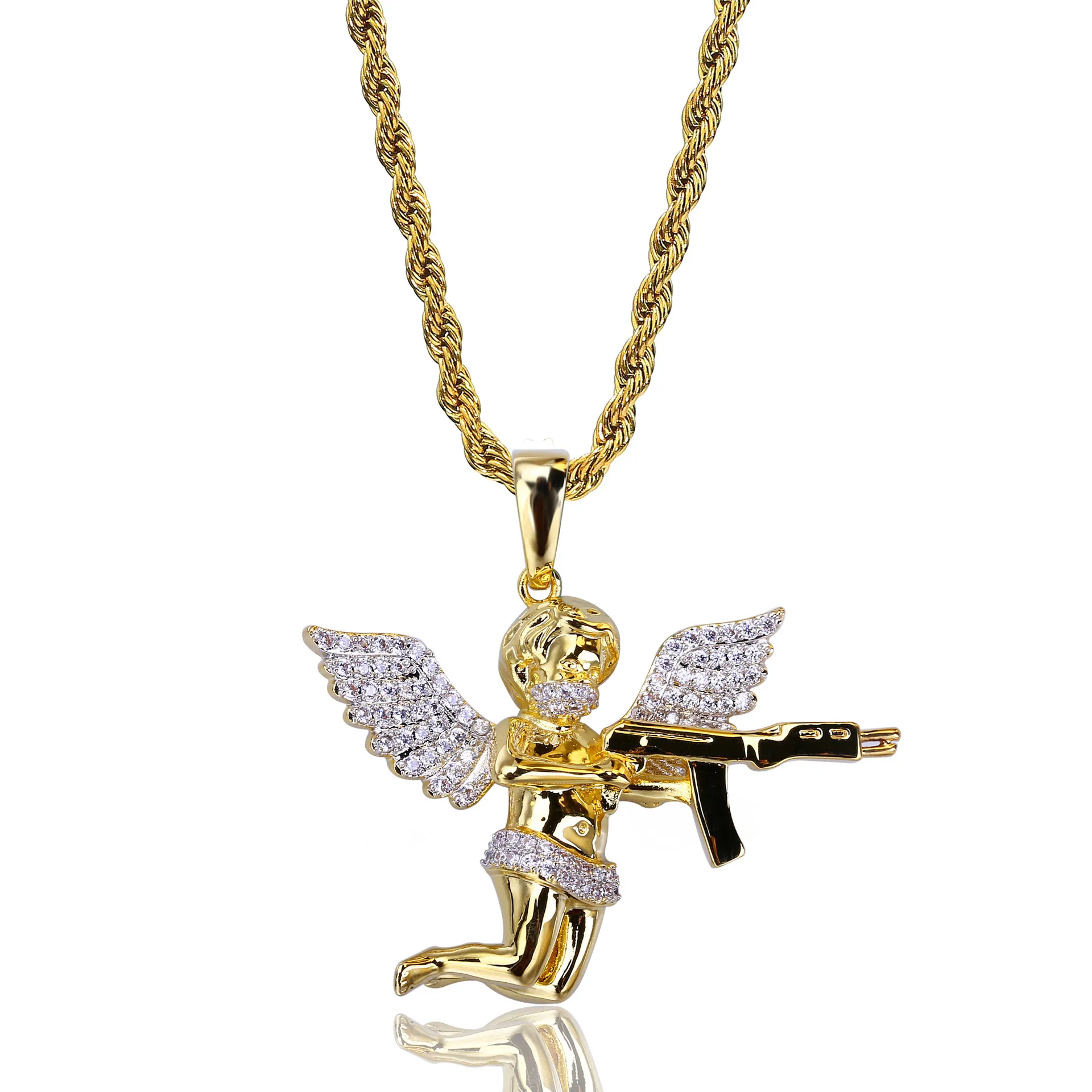 Hommes colliers en strass glacés entier auniquestyle Cupid Angel Pendant Hip Hop Collier de chaîne cubaine Bijoux en or pour mâle Micro Pave2019