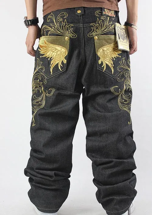 Embroidered pattern hip-hop jeans trousers HIPHOP casual loose plus fat large size skateboard Men jeans pants