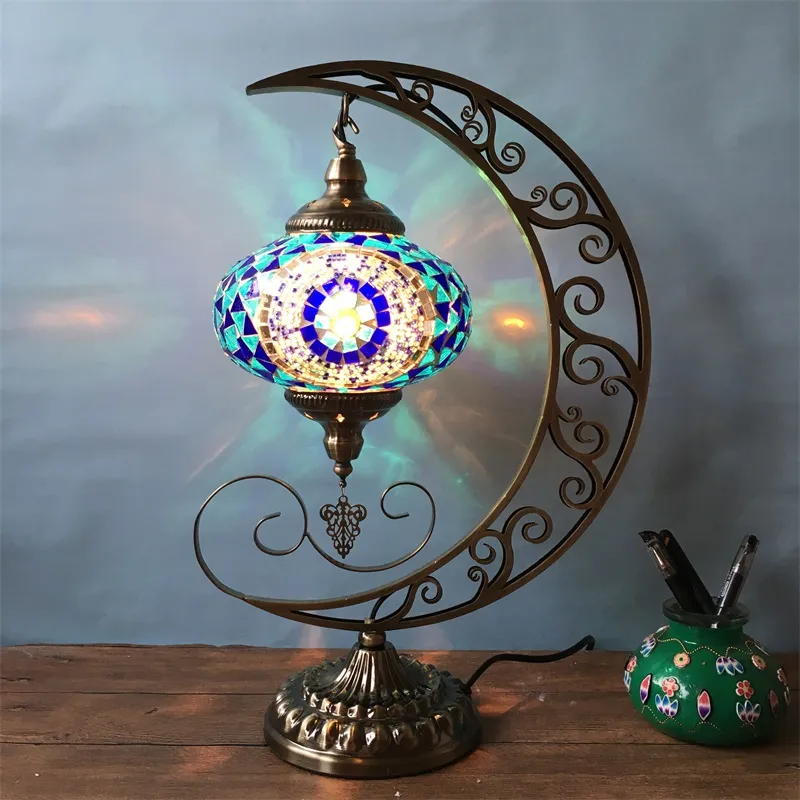 Retro Folk Style Moon Chambre romantique salon Restaurant Cafe El Handmade Mosaic Glass Turkish Lamp240y