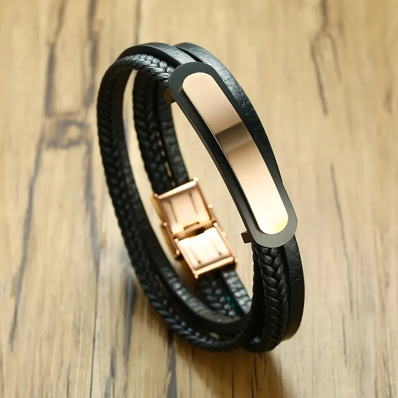 Bracelet en cuir noir élégant pour hommes Bracelet à maillons tressés multicouche Bracelet en or rose pour bijoux masculins 7,9 po