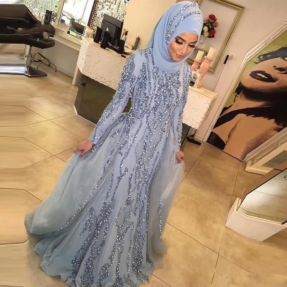 Luxury Mermaid Muslim Evening Dresses High Neck Long Sleeve Sequin and Beaded Prom Gowns Tulle Sweep Train Abric Evening Wear