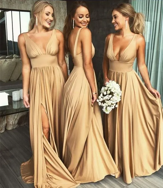 One pcs New Arrival 2022 Gold Satin Bridesmaid Dresses with Split Two Pieces Long Prom Dress Formal Wedding Guest Gowns Custom Made