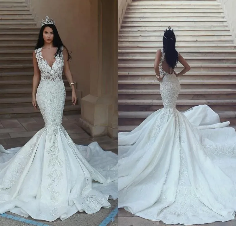 Sexy Said Mhamad Mermaid Wedding Dresses Deep V Neck Floor Length Illusion Button Back Wedding Gowns Bridal Gowns Vestidos De Noiva