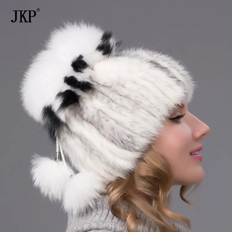 Chapéu feminino de malha de pele de vison, boné de pele feminino com forro de pompom de pele de raposa, chapéu feminino de inverno para gorros DHY-25 D1262b