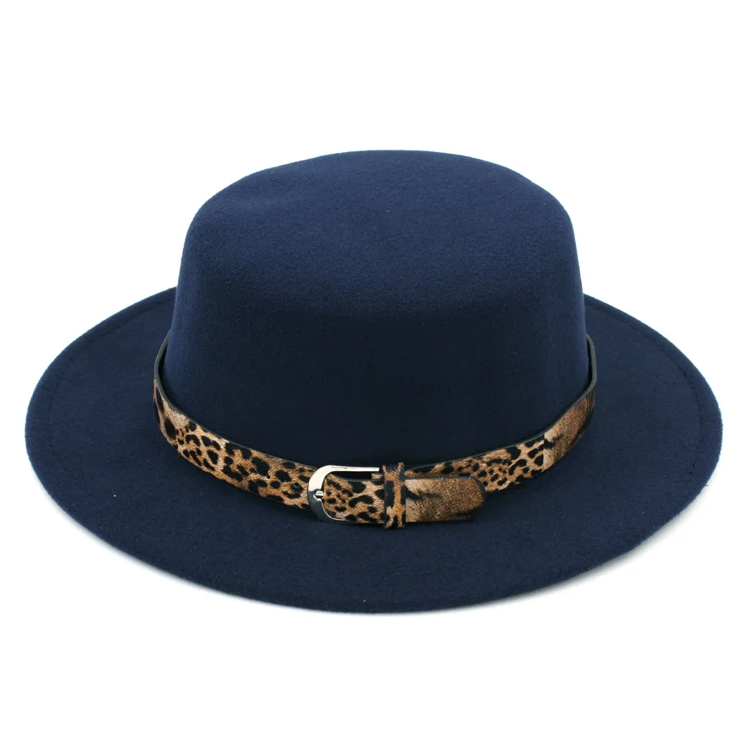أزياء Women Wool Blend Lowler Cap Pork Hat Jazz Hat Wide Brim Flat Boater Sailor Leopard Lether Belt1896560