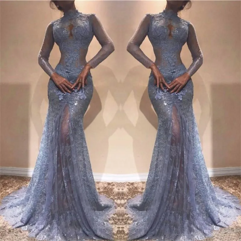 Gorgeous Zuhair Murad Full Lace Evening Dresses High Neck Mermaid Illusion Long Sleeves See Through Prom Dresses Lavender Party Dress