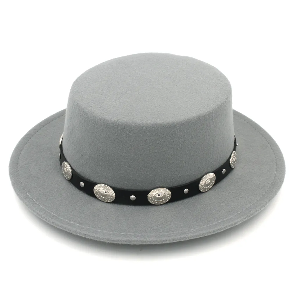 Fashion Men Women Wool Blend Bowler Cap Pork Pie Hat Flat Top Wide Brim Boater Sailor Cap Leather Band with Metal