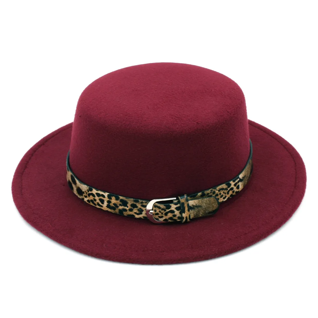 Mode femmes laine mélange melon casquette porc tarte chapeau Jazz chapeau large bord plat haut plaisancier marin léopard en cuir Belt1896560