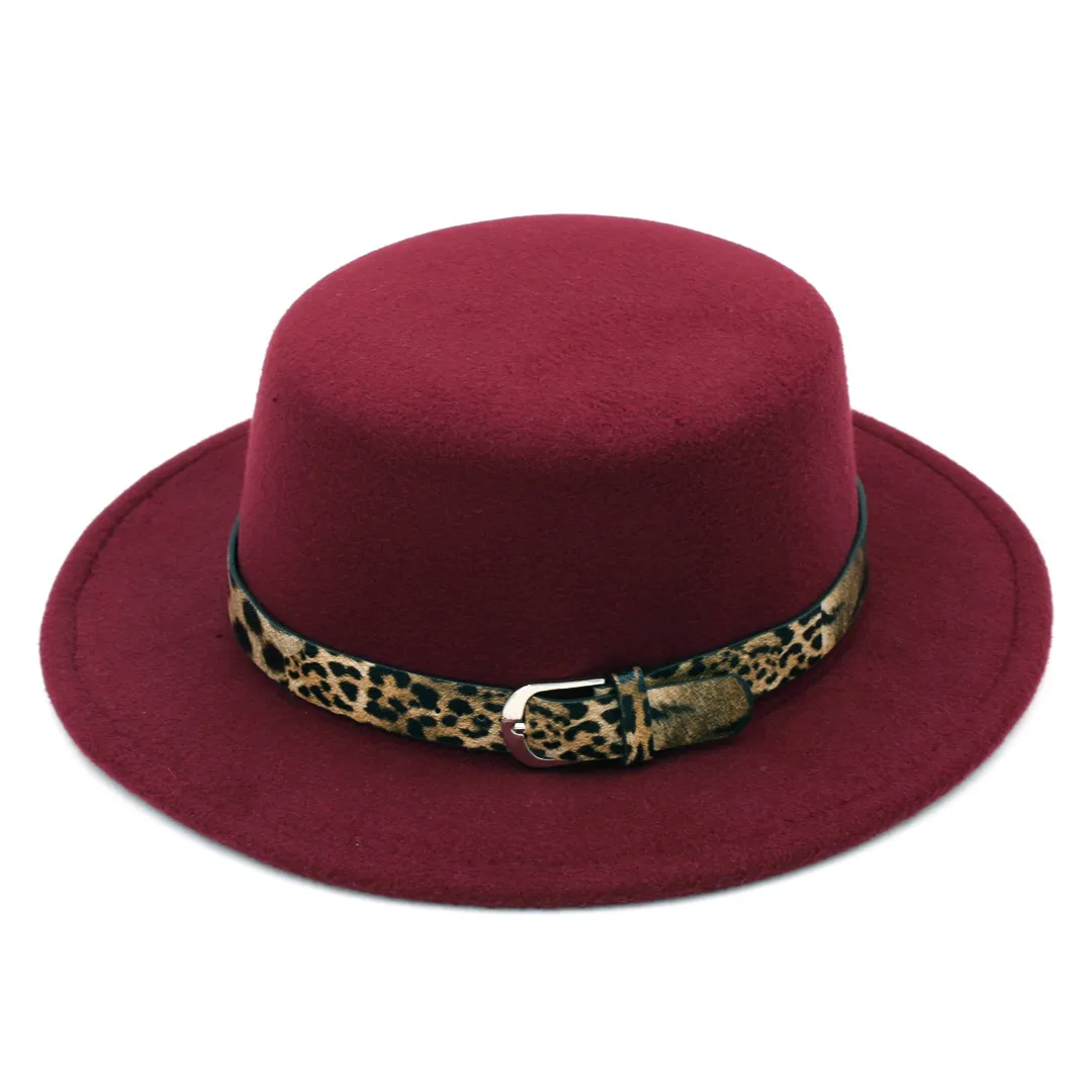 أزياء Women Wool Blend Lowler Cap Pork Hat Jazz Hat Wide Brim Flat Boater Sailor Leopard Lether Belt1896560