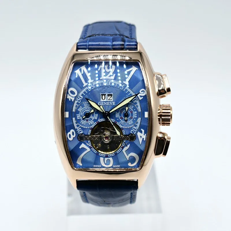 Geneve Tourbillon 가죽 자동 기계적 남성 시계 스켈레톤 중공 날짜 데이트 남자 디자이너 시계 선물 Mens Wristwatch Mont304Q