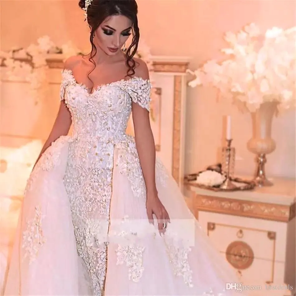 Arabic Lace Wedding Dresses Off The Shoulder Appliques Beaded Pearls Wedding Dress Detachable Skirt Plus Size Bridal Gowns Robe de mariee