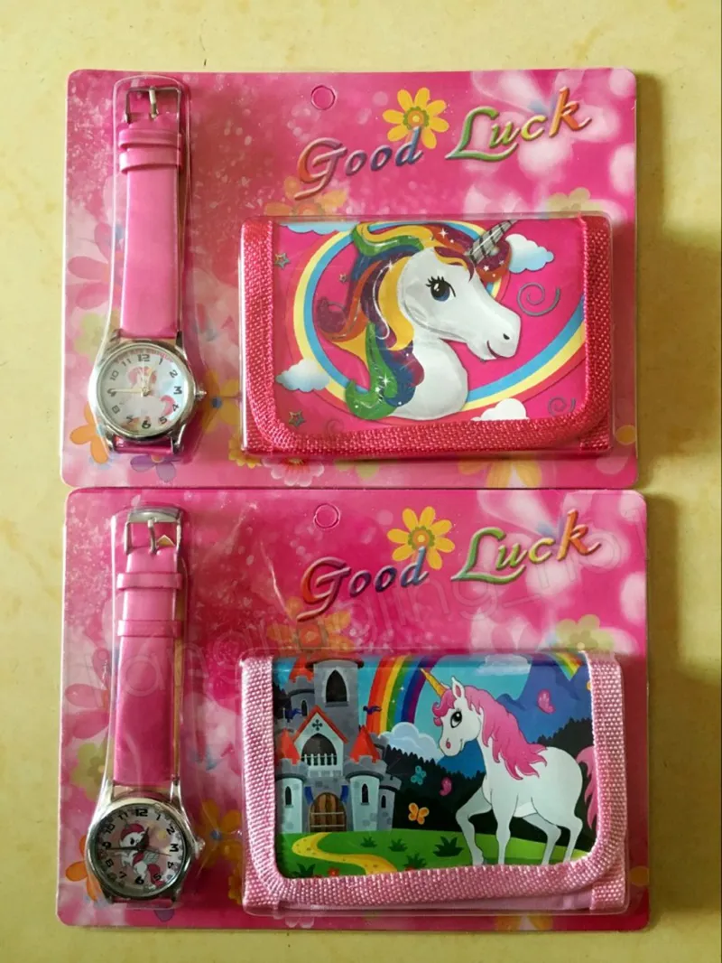 2 шт. / Лот Unicorn Comploss Watch Set Girls Wallet Fold Pocket Bags Pink Rose Мультфильм Канцтовары Организатор Организатор Сумка Детский Кошелек GGA1209