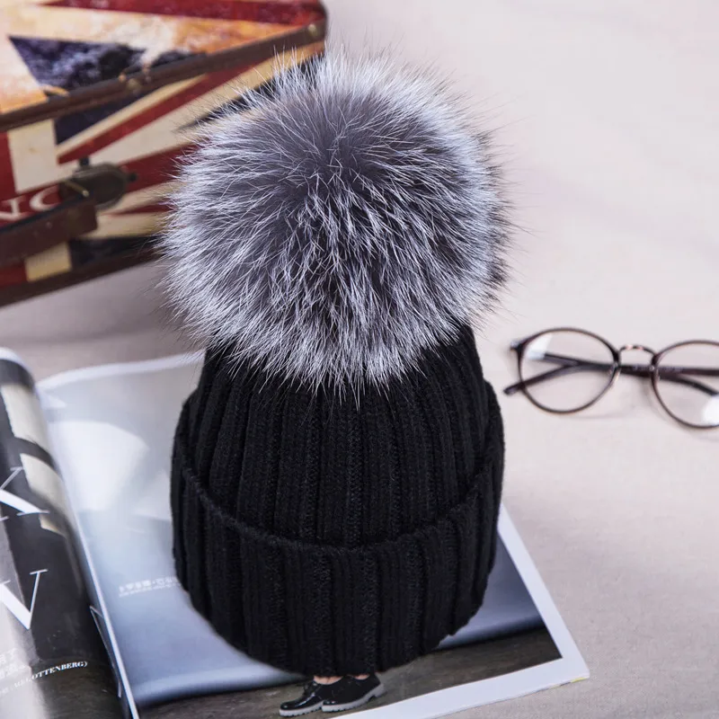 15 cm real päls boll cap pom poms vinter hatt för kvinnor flickas ull stickade bomullsmöss varumärke tjock kvinna189l
