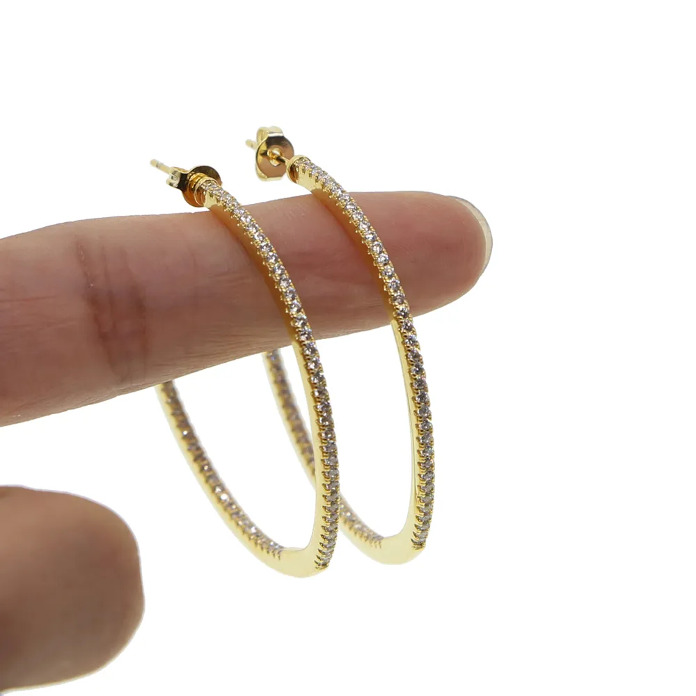 Тонкие серьги-кольца 37 мм 45 мм с цирконием для женщин и девочек, подарок, большой маленький набор обручей, прозрачный сверкающий цирконий, элегантный золотой обруч ea203M