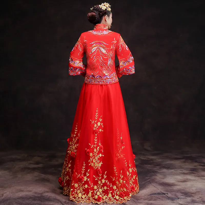 Spring Traditional Show bride dress Suzhou embroidery long sleeve chinese style Wedding cheongsam evening dress red vintage dragon Rose gown