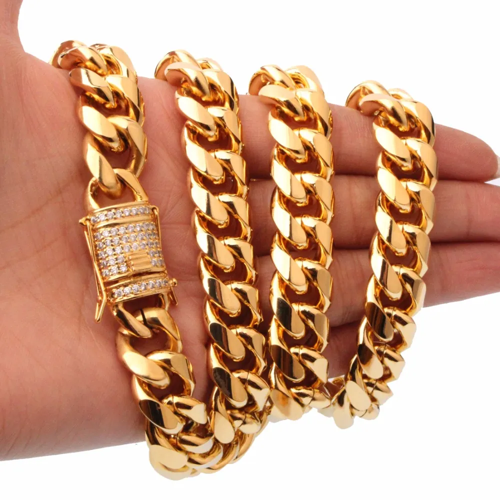 15 mm bred 8-40-tums längd Mäns cyklist guldfärg rostfritt stål Miami Curb Cuban Link Chain Halsband eller armbandsmycken253b