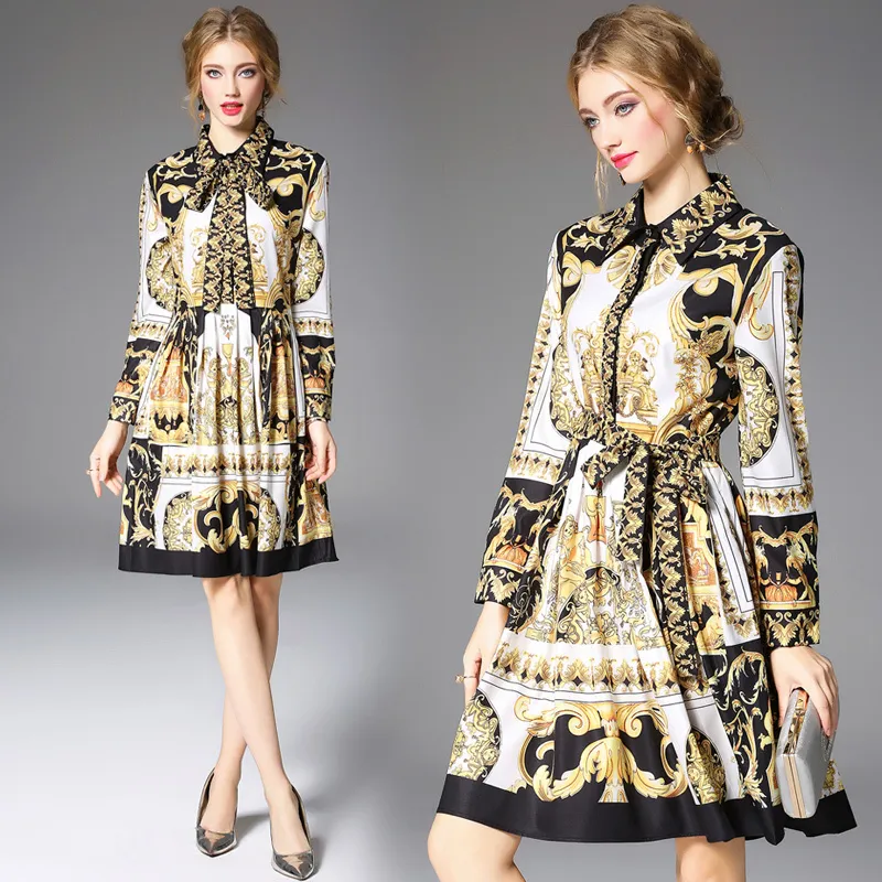 Dropshipping Spring Summer Fall Runway Vintage Baroque Print Collar Long Sleeve Roun Luxury A-Line Women Ladies Casual Dress New Arrival Wholesale