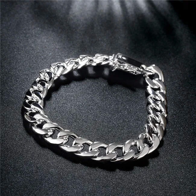 Bracelet latéral de boucle carré de 10 mm - bracelet masculin en argent sterling; Médinage Gift Fashion Hommes et femmes 925 Silver BR246Y