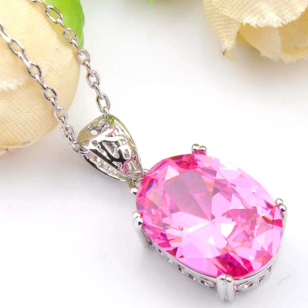 10 Stück Luckyshine Urlaubsgeschenk ovale rosa Kunzit-Zirkonia-Edelstein-Silber-Anhänger-Halsketten für Hochzeitsfeier mit Kette 251 m