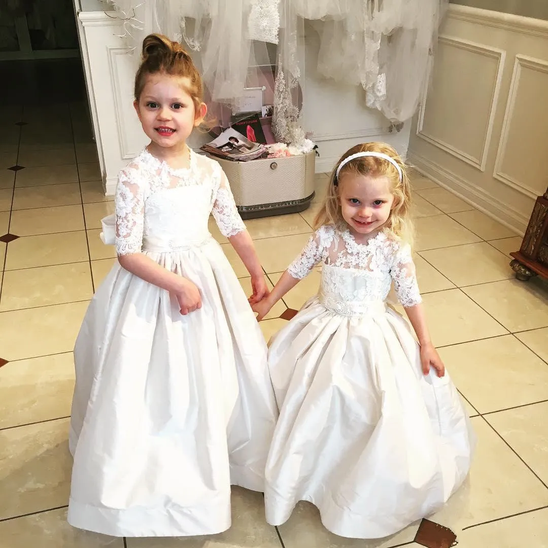 New Flower Girls Dresses For Weddings Jewel Neck Lace Applique 1/2 Sleeves Girls Pageant Dresses First Communion Dress Bow Knot Custom