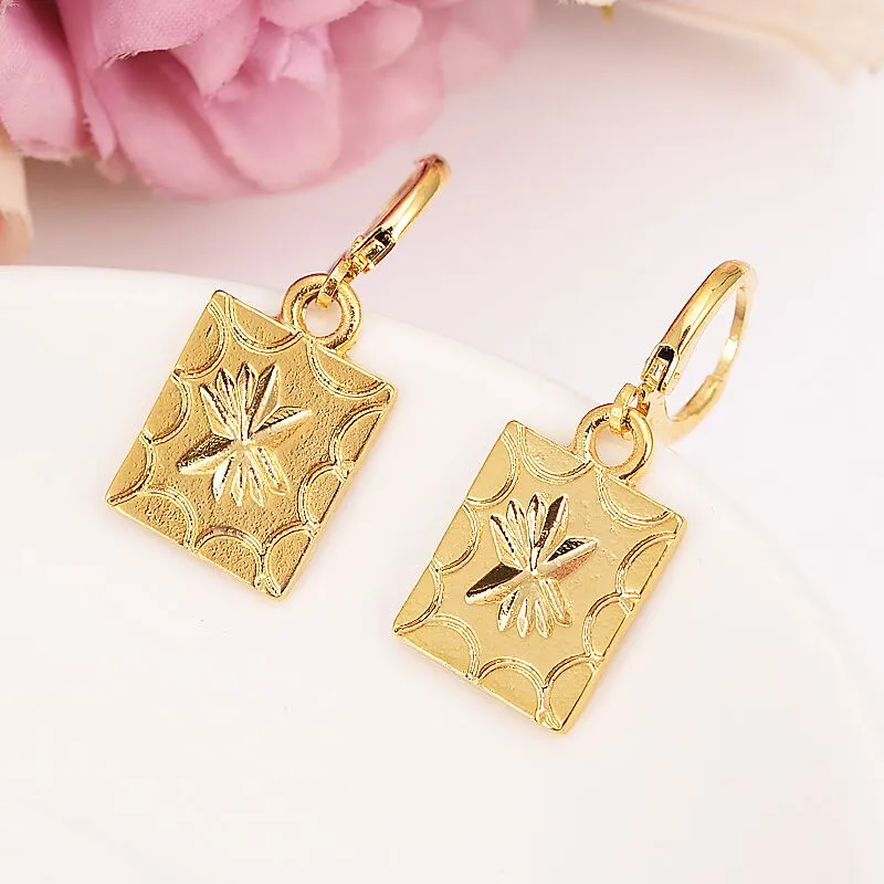 african dubaii india arab Fashion Shield Pendant Necklace Set Women Party Gift Solid Gold Filled square Earrings Jewelry Sets210K