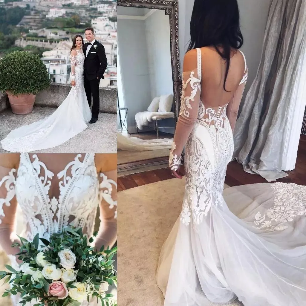 New Unique New Design Mermaid Wedding Dress Long Illusion Sleeve Backless Lace Applique Court Train Wedding Gown Bridal Dress Custom Made