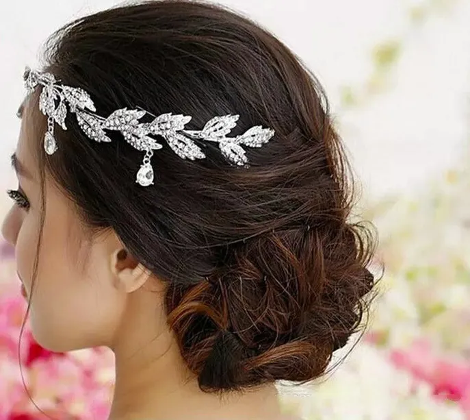 Silver Crystals Rhinestones Leaves Head Chain Jewelry Forehead Headpiece Bride Rhinestone Wedding Hair Accessories3783493