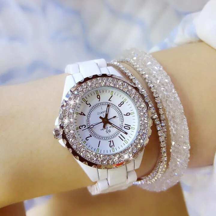 2018 Zomer Vrouwen Strass Horloges Lady Diamond Stone Jurk Horloge Zwart Wit Keramische Armband Horloge dames Kristal Horloge C294t