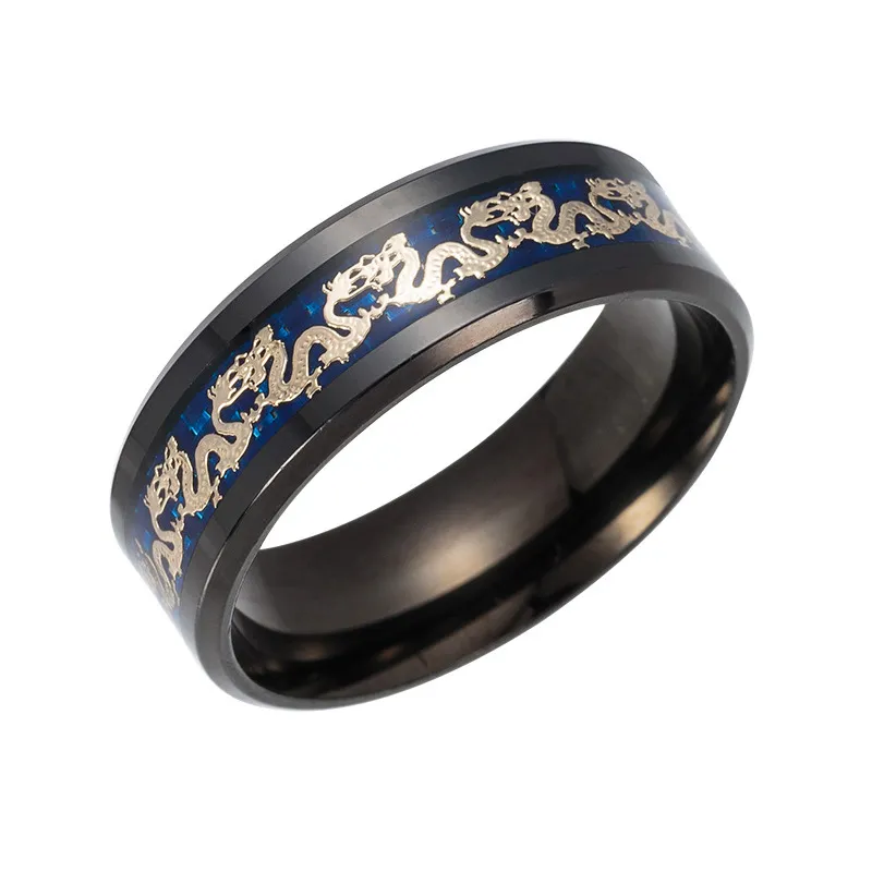 Hela svartblå ring män kinesisk traditionell guld drake inlay med blå rostfritt stål ringar mode smycken329e