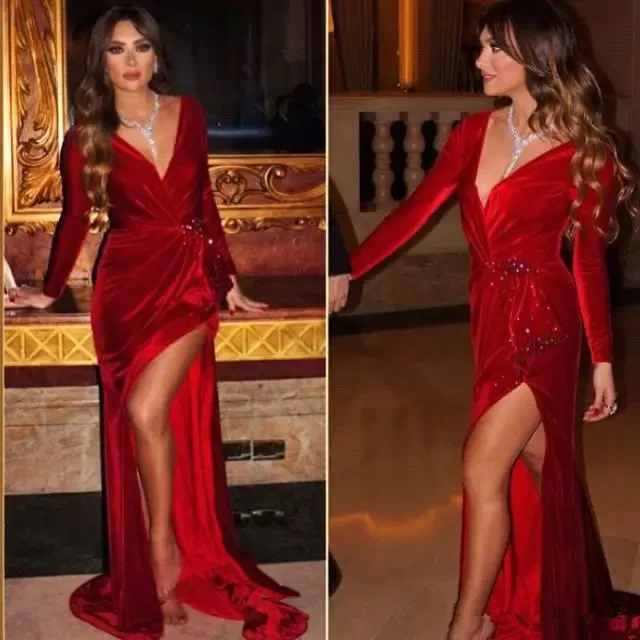 Arabic Sexy Red Deep V Neck Long Sleeves Velvet Evening Dresses Ruched Split Beaded Floor Length Party Prom Gowns