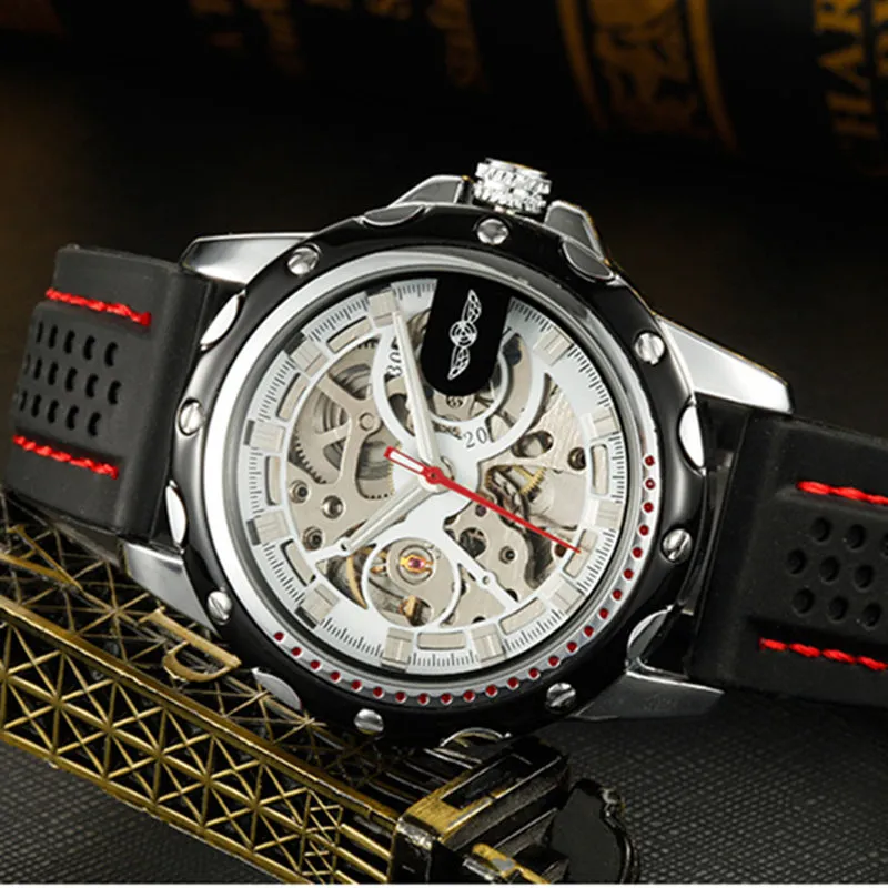 2022 NYTT VINNER Black Rubber Band Automatic Mechanical Skeleton Watch for Men mode Gear Wrist Watch Reloj Army Hombre Horloge280T