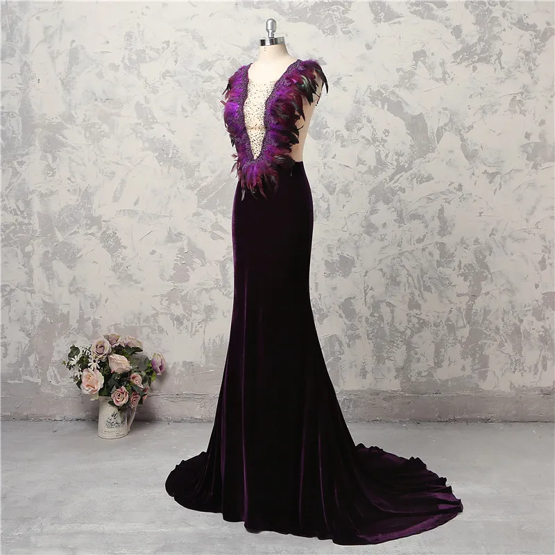 Luxury Noble Purple Evening Dresses Jewel Sleeveless With Feather Beaded Mermaid Prom Gowns Back Zipper Sweep Train Custom Made Party Gowns