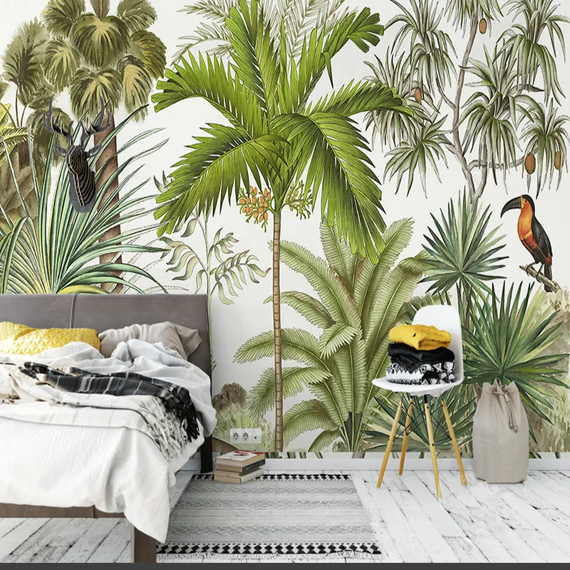 Papel tapiz mural de pared 3D personalizado Selva tropical Plantas verdes Pintura al óleo pintada a mano Sala de estar Sofá Fondo Papel de pared
