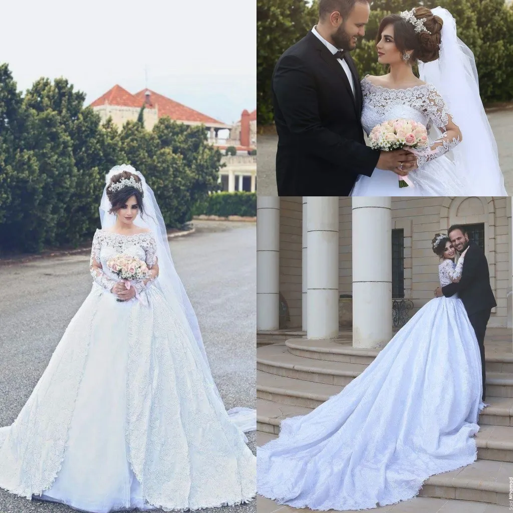 Said Mhamad Lace Wedding Dresses Long Sleeves Off Shoulder Applique Garden Church Court Train Wedding Dress Bridal Gowns Custom