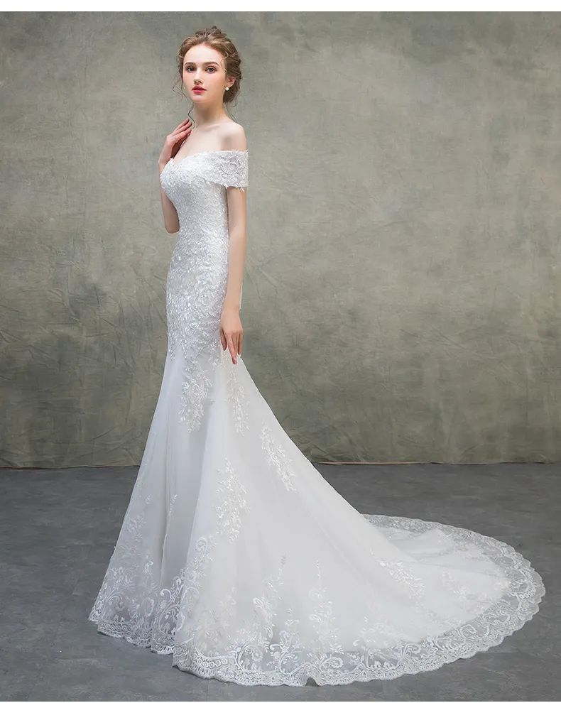 Off Shoulder Lace Mermaid Wedding Dress 2019 Short Sleeves Wedding Gowns Court Train Bridal Gown Lace Up