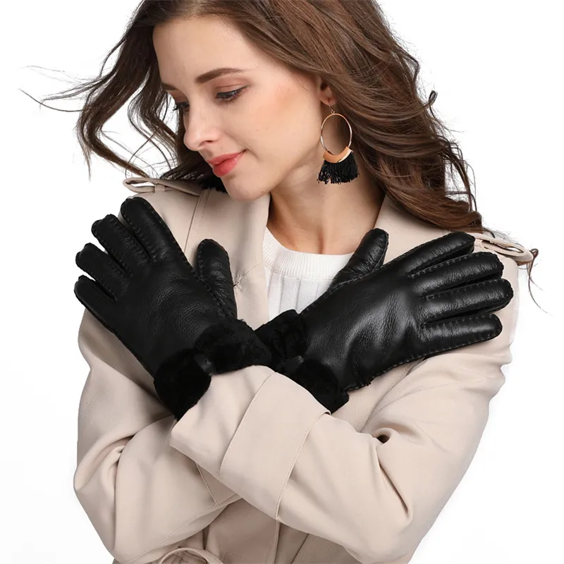 Whole-暖かい冬の女性の革の手袋本物のウールグローブ女性100％品質保証251d