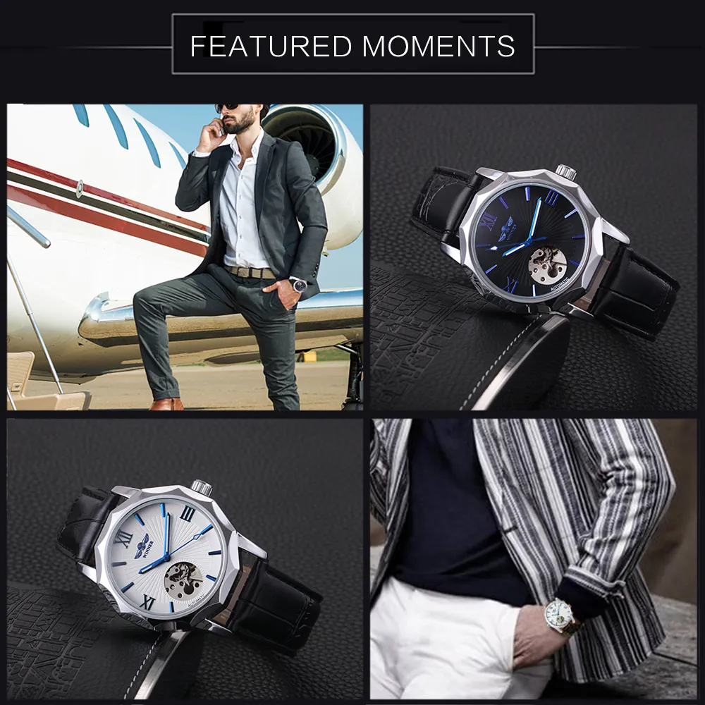 Zwycięzca Niebieski egzotyczny projekt Dodecagon Design szkieletu Mężczyźni Watch Geometria Top Marka Luksusowa automatyczna moda mechaniczna 288Y