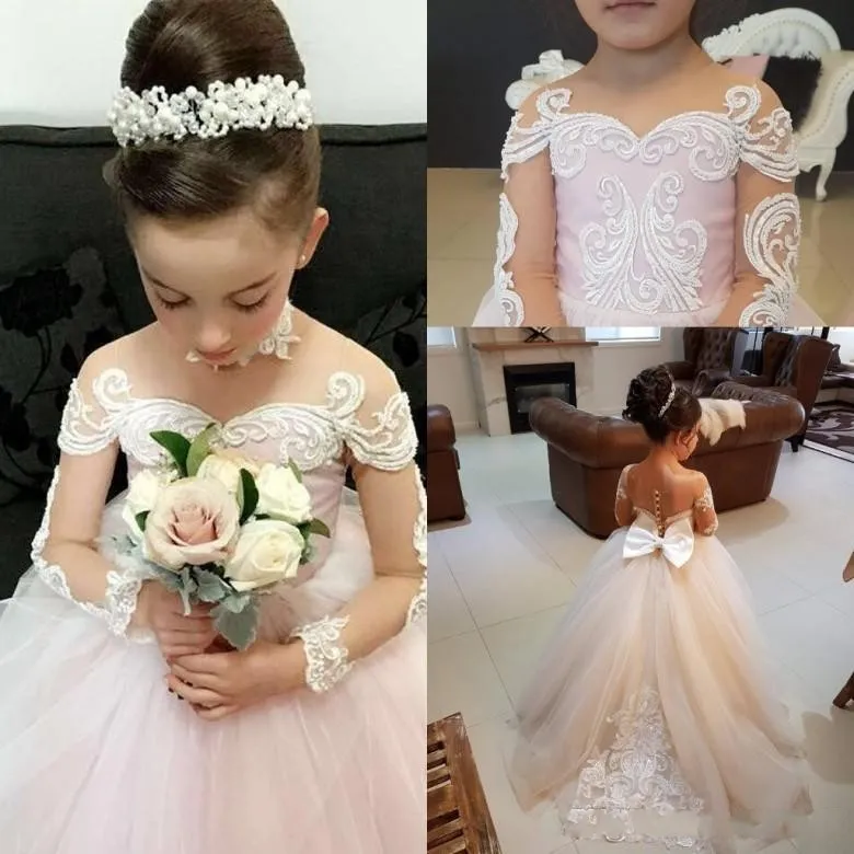 Cheap Gorgeous Blush Pink Flower Girls Dress Long Illusion Sleeves Sheer Neck Sweep Train Tulle Bow Pageant Dresses Kids Prom Party Dress