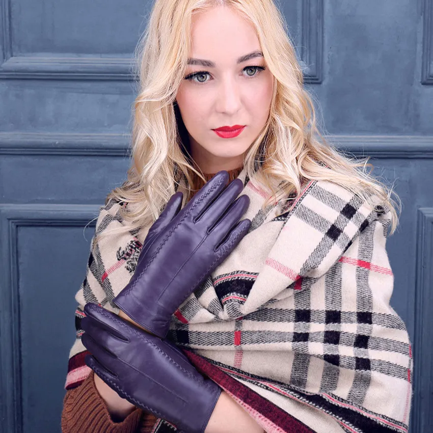 Gants d'hiver en cuir véritable rayé pour femme, de haute qualité, à la mode, pour l'extérieur, jolis, épais et chauds, 201c